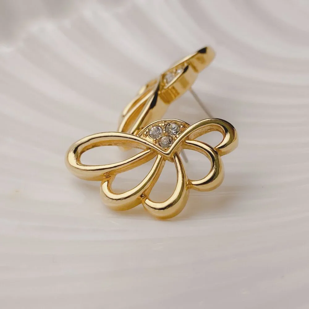 Vintage Avon Art Nouveau Asymmetrical Scallop Fan Shape Gold Rhinestone Earrings - Picture 3 of 8